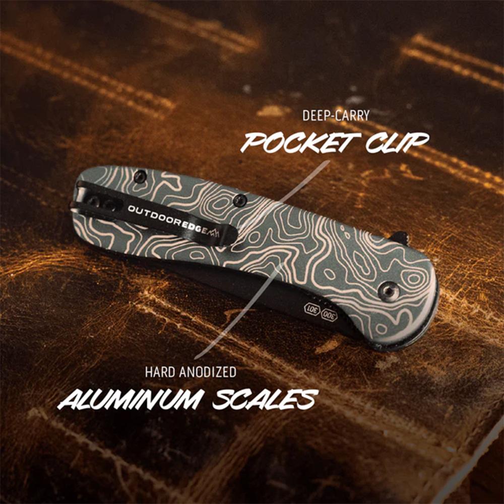 Outdoor Edge Razor VX1 Replaceable Blade Folding Knife 3" Drop Point Blade Green Picture of Outdoor Edge Outdoor Edge Razor VX1 Knife Grn Anodized Alum Topo Map W/ Blk Drp Pnt SA