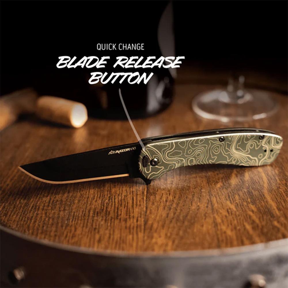 Outdoor Edge Razor VX1 Replaceable Blade Folding Knife 3" Drop Point Blade Green Picture of Outdoor Edge Outdoor Edge Razor VX1 Knife Grn Anodized Alum Topo Map W/ Blk Drp Pnt SA