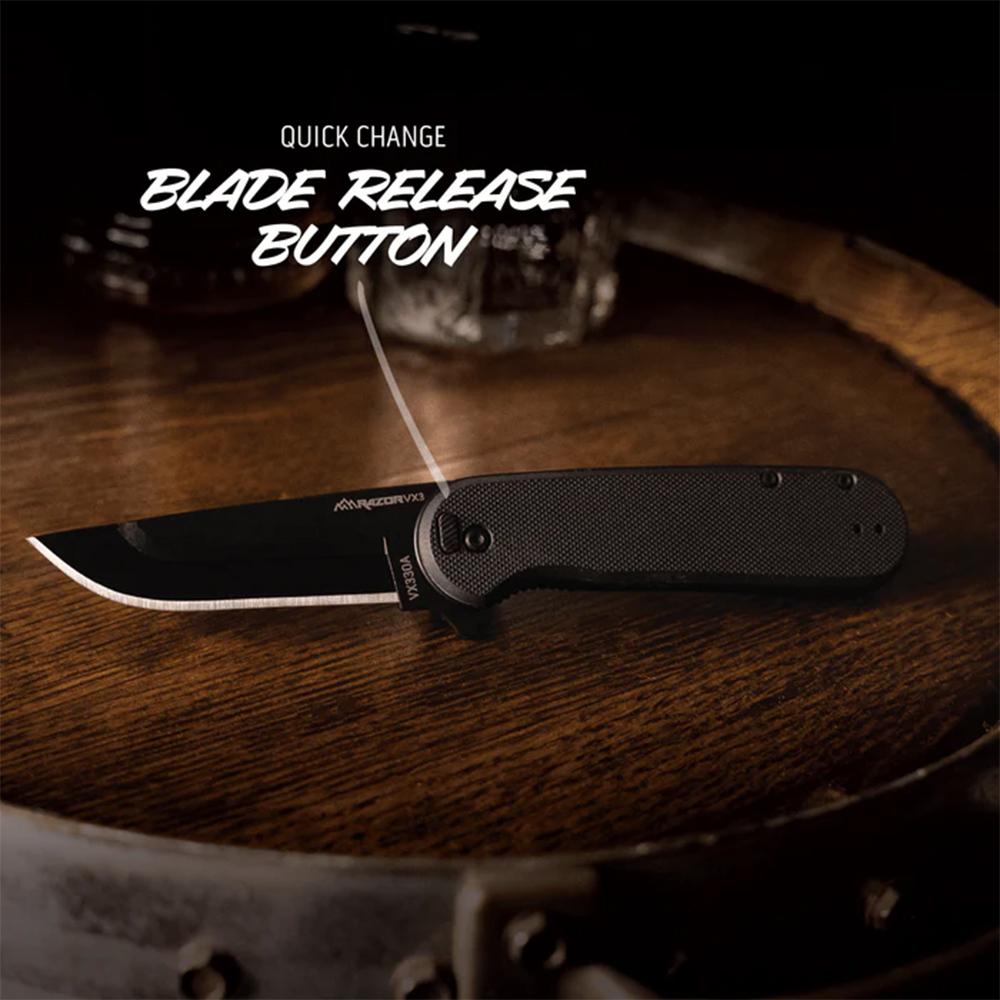 Outdoor Edge Razor VX2 Replaceable Blade Folding Knife 3" Drop Point Blade Black Picture of Outdoor Edge Outdoor Edge Razor VX2 Knife Blk G10 W/ Blk Drp Pnt Blk Hrdwr Sprng Assist