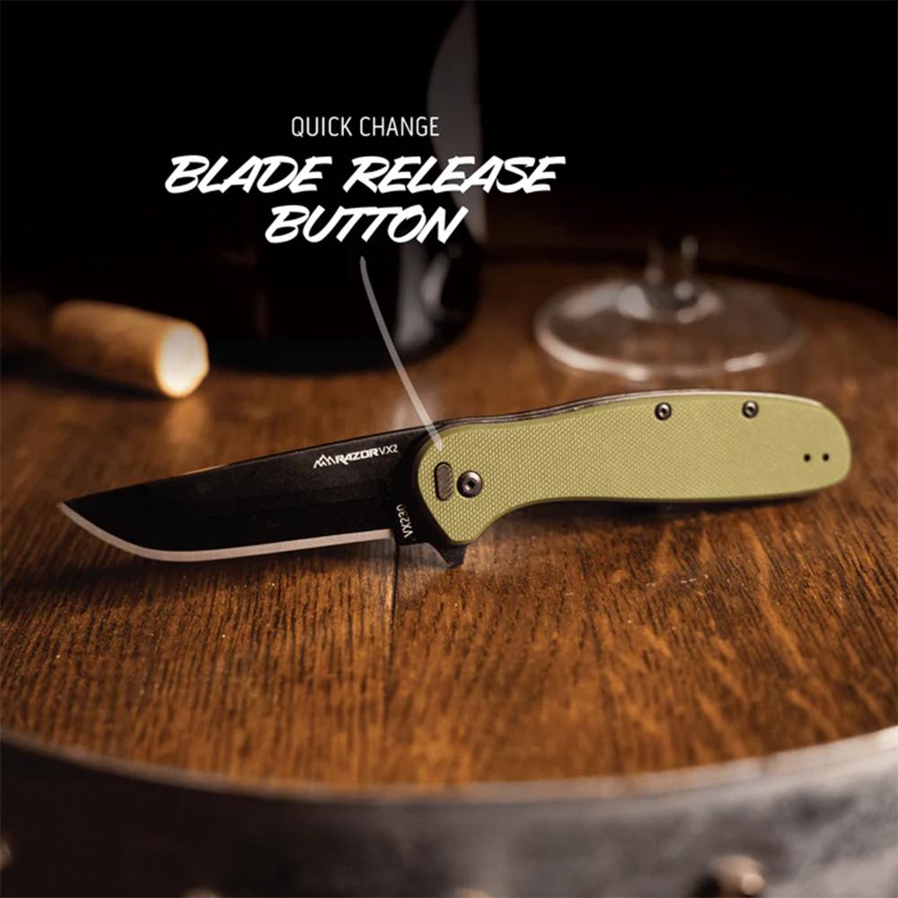 Outdoor Edge Razor VX2 Replaceable Blade Folding Knife 3" Drop Point Blade Green Picture of Outdoor Edge Outdoor Edge Razor VX2 Knife Grn G10 W/ Blk Drp Pnt Blk Hardware Sprng Asst