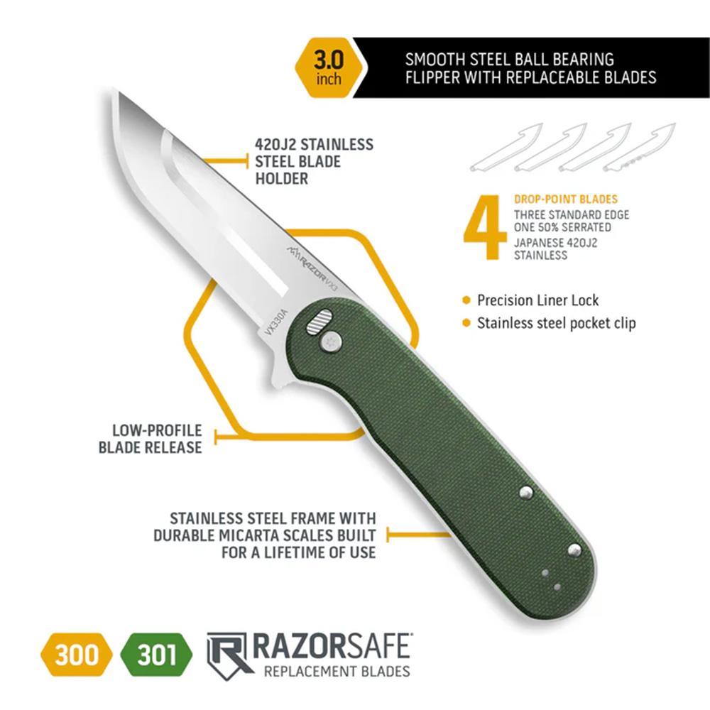 Outdoor Edge Razor VX3 Replaceable Blade Folding Knife 3" Drop Point Blade Green Picture of Outdoor Edge Outdoor Edge Razor VX3 Knf Grn W/ Drp Pnt Stnlss Hrdwr Steel Ball Bearings