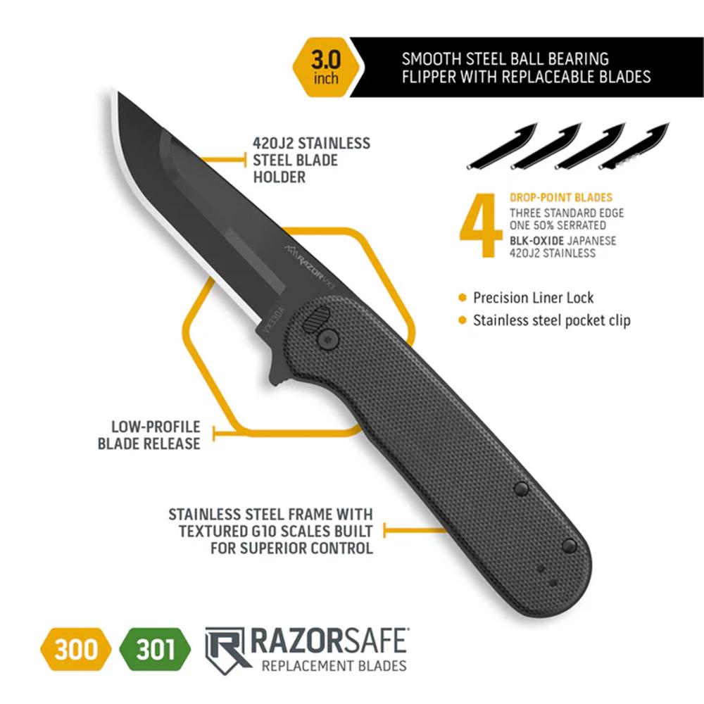 Outdoor Edge Razor VX3 Replaceable Blade Folding Knife 3" Drop Point Blade Black Picture of Outdoor Edge Outdoor Edge Razor VX3 Knife Blk G10 W/ Blk Drp Pnt Blk Hrdwr Stl Bal Brngs