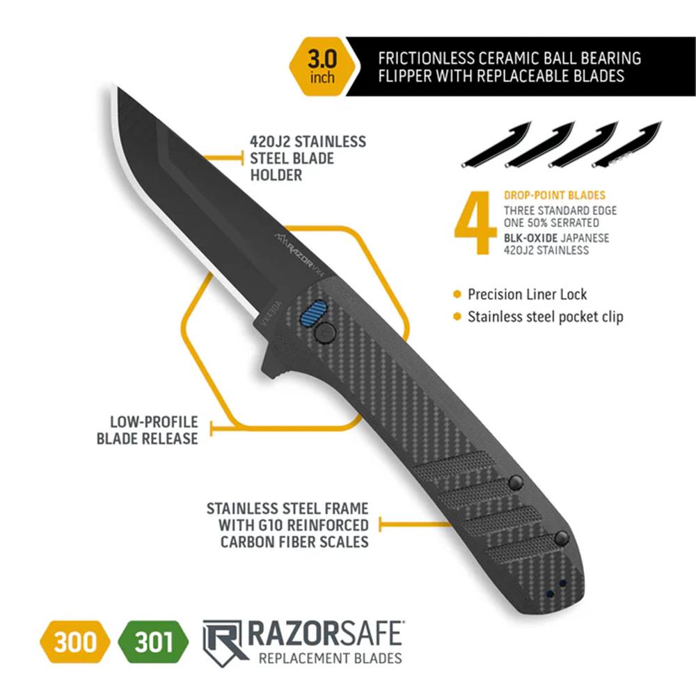 Outdoor Edge Razor VX4 Replaceable Blade Folding Knife 3" Drop Point Blade Black Picture of Outdoor Edge Outdoor Edge Razor VX4 Knf Crbn Weave Over G-10 W/ Blk Drp Pnt Crmc Brngs
