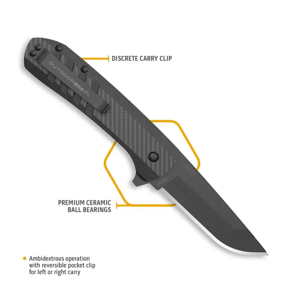 Outdoor Edge Razor VX4 Replaceable Blade Folding Knife 3" Drop Point Blade Black Picture of Outdoor Edge Outdoor Edge Razor VX4 Knf Crbn Weave Over G-10 W/ Blk Drp Pnt Crmc Brngs