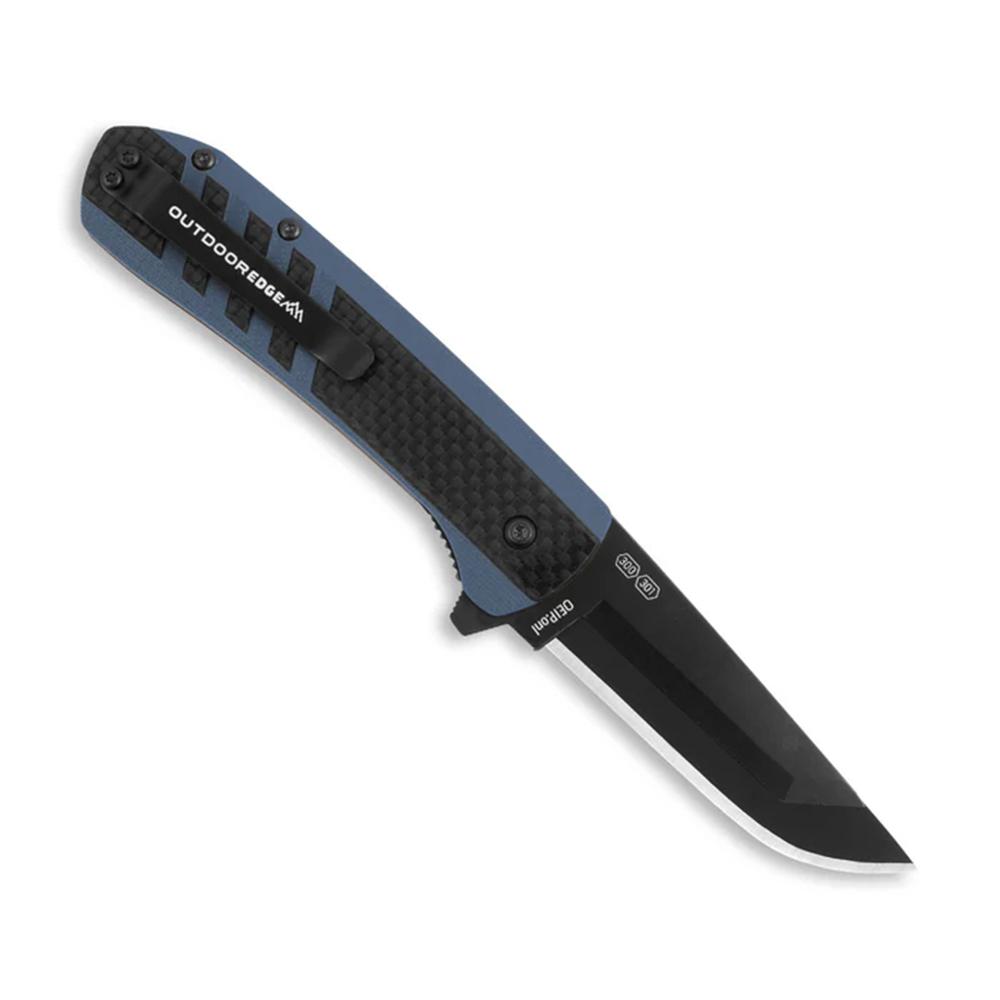 Outdoor Edge Razor VX4 Replaceable Blade Folding Knife 3" Drop Point Blade Blue Picture of Outdoor Edge Outdoor Edge Razor VX4 Knf Crbn Over Blu G10 W/ Blk Drp Pnt Crmc Bearing