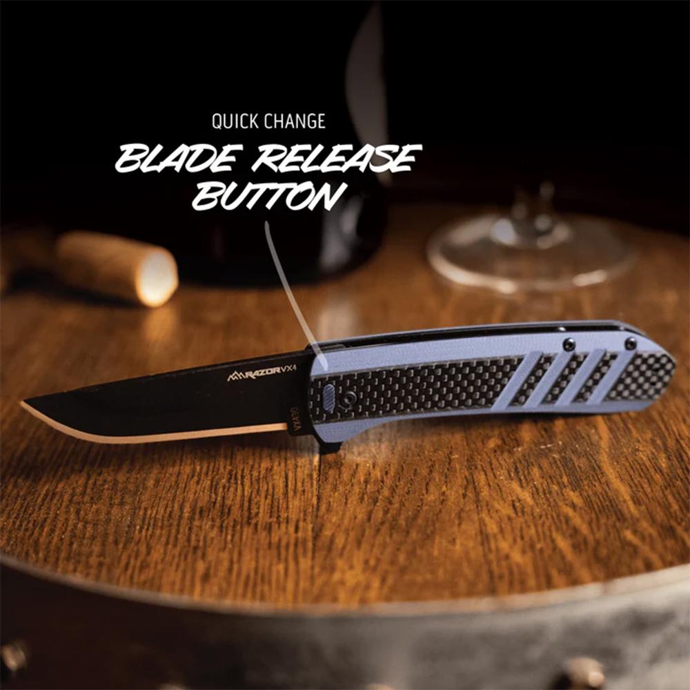 Outdoor Edge Razor VX4 Replaceable Blade Folding Knife 3" Drop Point Blade Blue Picture of Outdoor Edge Outdoor Edge Razor VX4 Knf Crbn Over Blu G10 W/ Blk Drp Pnt Crmc Bearing