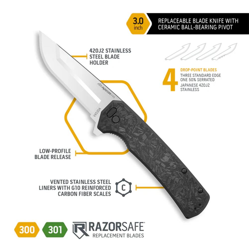 Outdoor Edge Razor VX5 Replaceable Blade Folding Knife 3" Drop Point Blade Black Picture of Outdoor Edge Outdoor Edge Razor VX5 Knf Frgd Crbn Over G10 Drp Pnt Ceramic Bal Bearings
