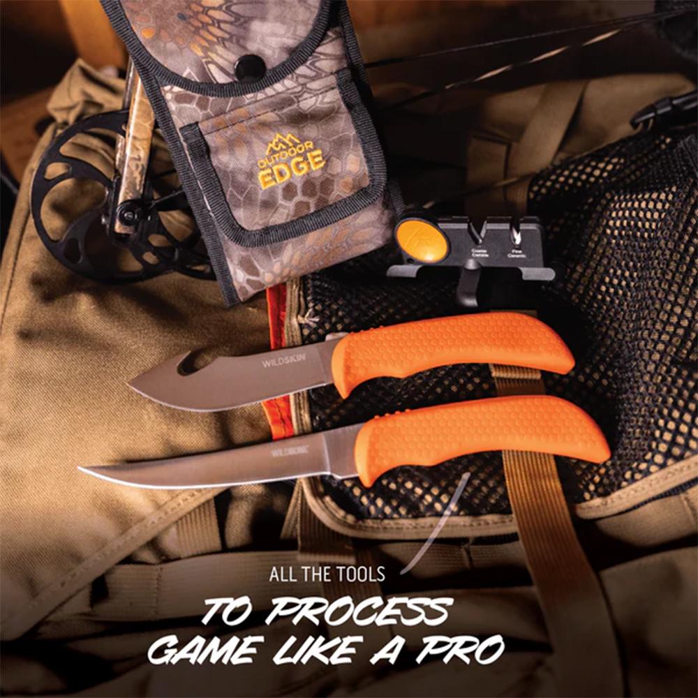Outdoor Edge WildBone Two-Knife Combo with Sharpener 5" Boning Blade & 4" Skinner Blade Orange Picture of Outdoor Edge Outdoor Edge Wild-Bone Knf Set Gut Hook Skner & Bning Cmbo Sheath/Sharpner