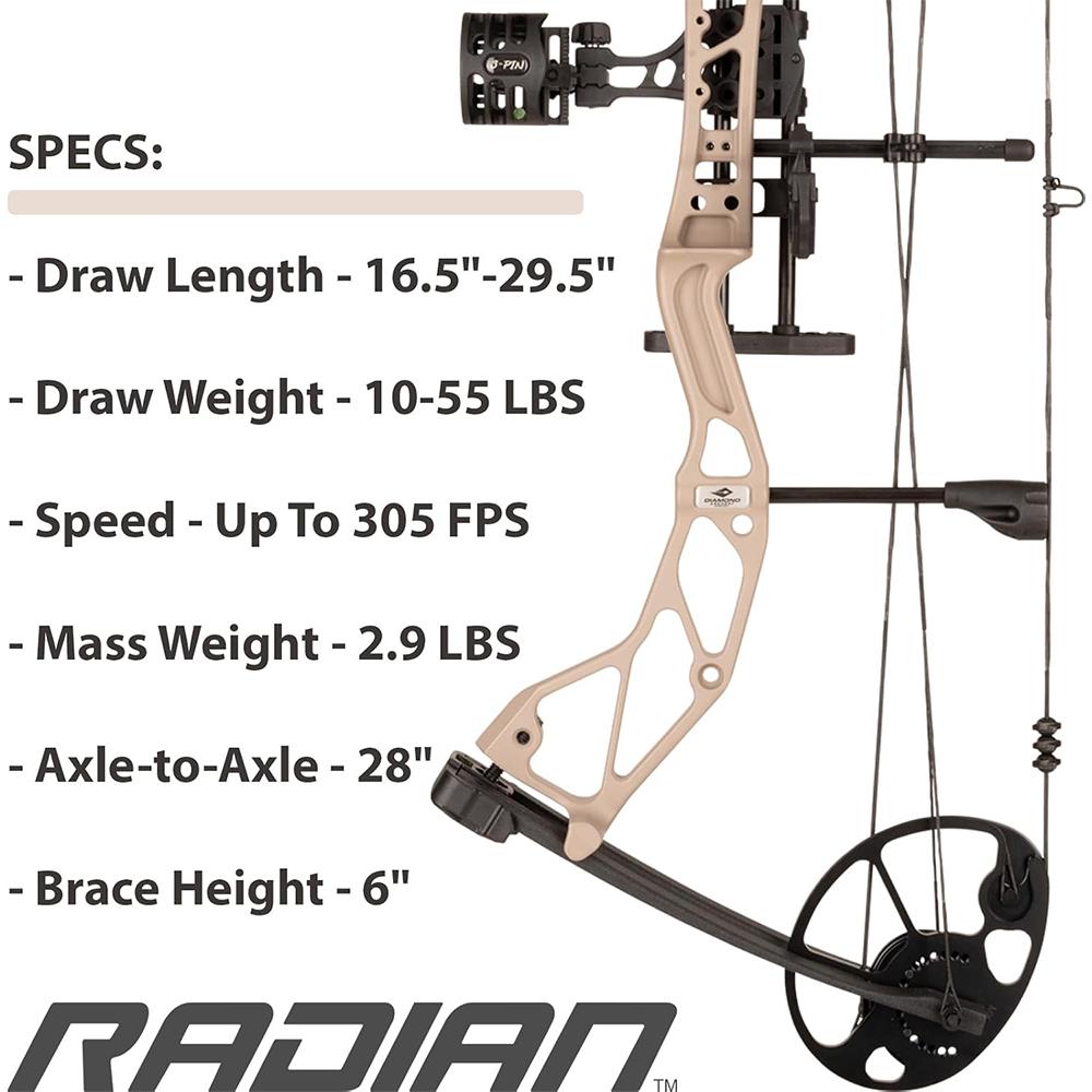 Diamond Archery Radian Compound Bow 305 fps 10-55 lbs RH Sandstone with Package Picture of Pure Archery Group Dimond Radian Compound Bow RH 10-55# Sandstone w/ pkg