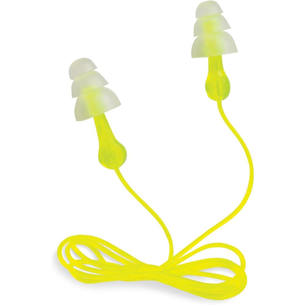 Peltor Sport Tri-Flange Corded Reusable Earplugs 26dB Neon Yellow 3/ct Picture of 3M PELTOR Sport Tri-Flange Corded Reusable Earplugs Neon Yellow 3 pair/pk