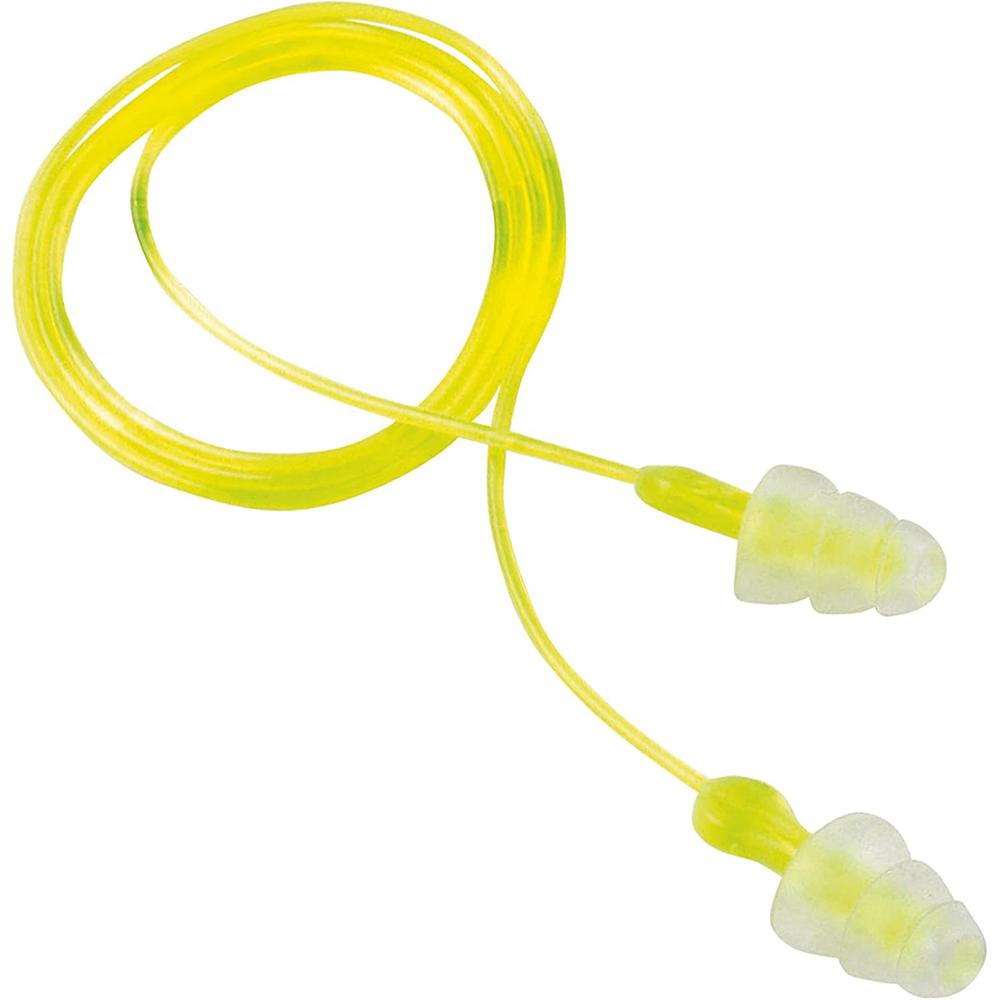 Peltor Sport Tri-Flange Corded Reusable Earplugs 26dB Neon Yellow 3/ct Picture of 3M PELTOR Sport Tri-Flange Corded Reusable Earplugs Neon Yellow 3 pair/pk