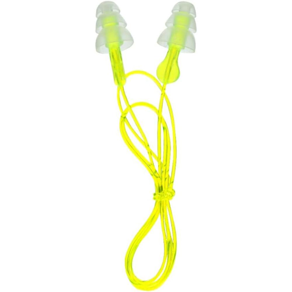 Peltor Sport Tri-Flange Corded Reusable Earplugs 26dB Neon Yellow 3/ct Picture of 3M PELTOR Sport Tri-Flange Corded Reusable Earplugs Neon Yellow 3 pair/pk