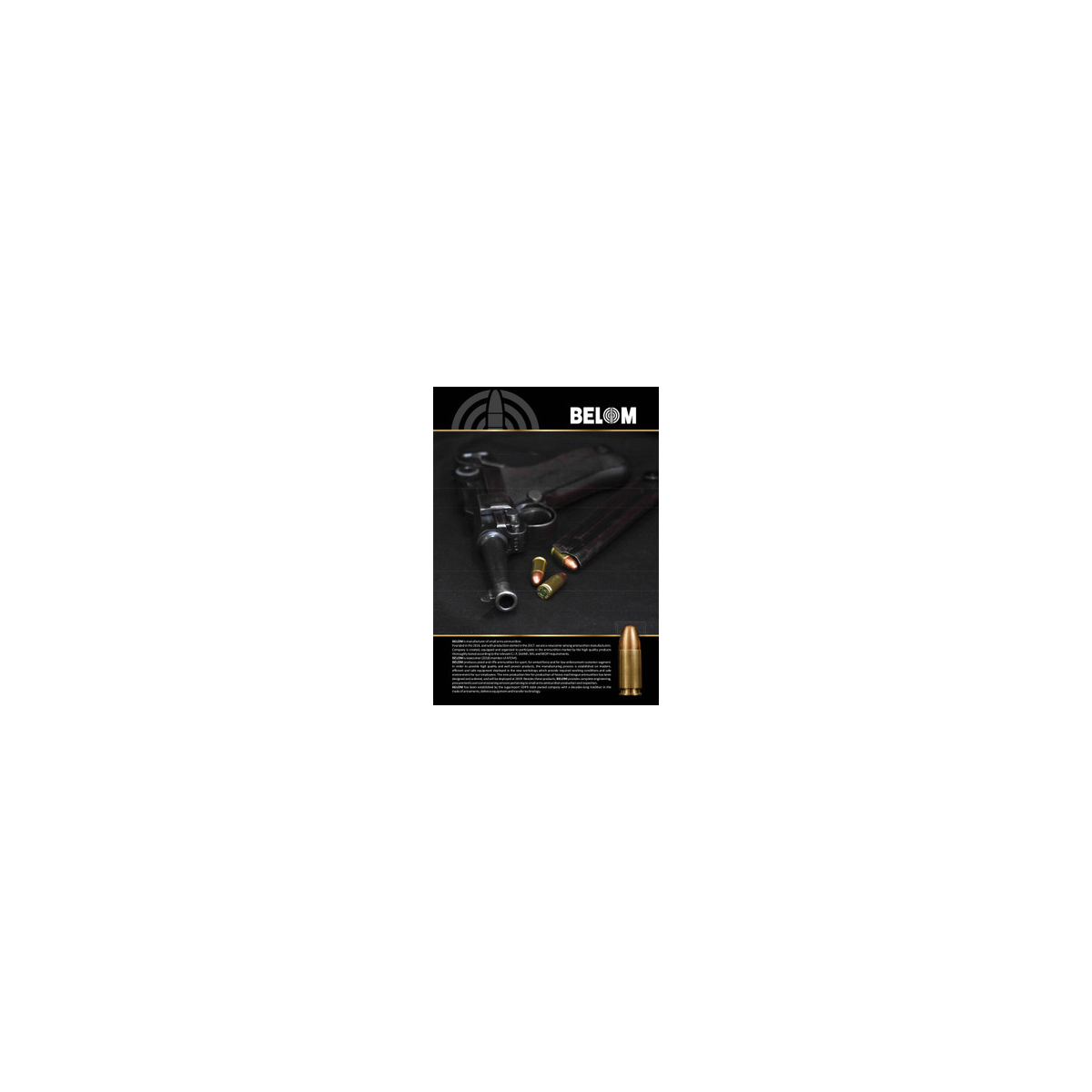 Belom Handgun Ammunition 9mm 124gr FMJ 1115 fps 50/ct Picture of Global Ordnance Belom 9mm 124gr FMJ Brass 50rd Box
