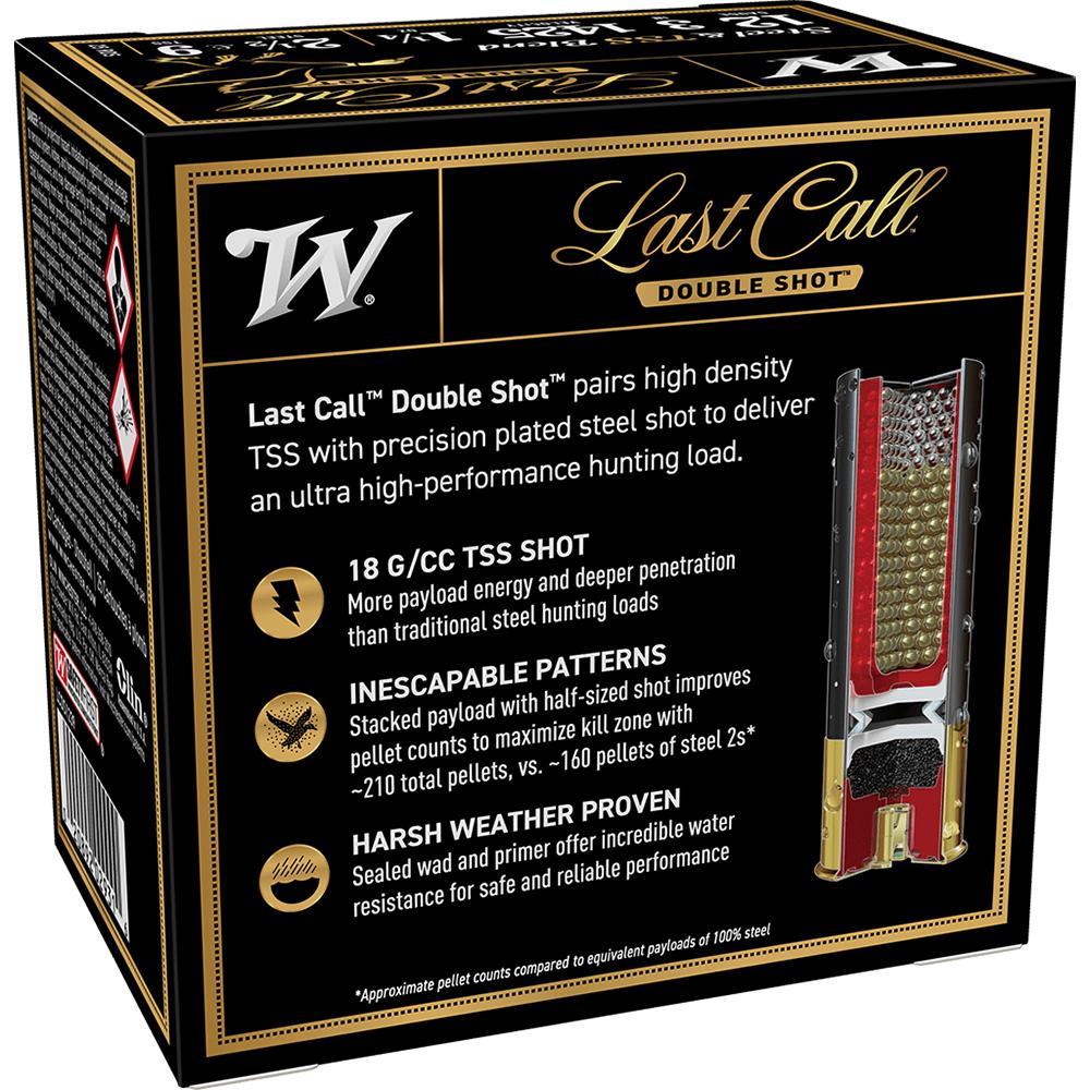 Winchester Last Call Double Shot Shotshells 12 ga 3" 1-1/4 oz 1425 fps #2.5 Shot 25/rd Picture of Winchester Ammunition LAST CALL DOUBLE SHOT 12 GA 3 HS 1-1/4 2.5&9TSS LSTCLDS 25 Rds