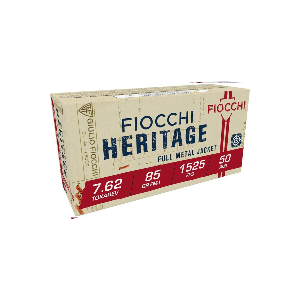 FIOCCHI Heritage Handgun Ammunition 7.62x25 Tokarev 85gr FMJ 1525 fps 50/ct