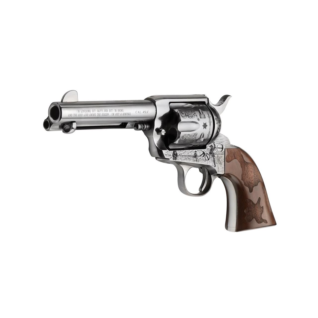 EMF Cowpoke Revolver .45 Colt 6rd Capacity 4.75" Barrel Nickel Finish Engraved Cowhide Walnut Grip Picture of EMF Inc. DBA Pietta COWPOKE 45LC 4.75in NICKEL ENGRVD FRAME BBL CYL ENGRVD COWHIDE WLNT GRIP