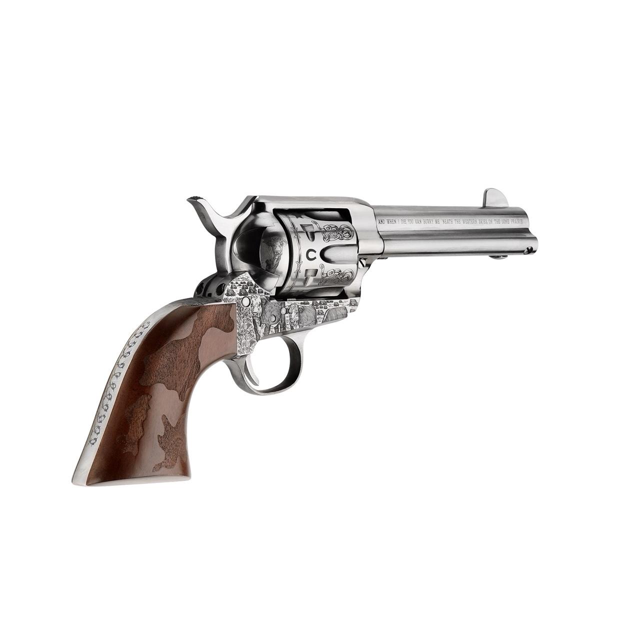 EMF Cowpoke Revolver .45 Colt 6rd Capacity 4.75" Barrel Nickel Finish Engraved Cowhide Walnut Grip Picture of EMF Inc. DBA Pietta COWPOKE 45LC 4.75in NICKEL ENGRVD FRAME BBL CYL ENGRVD COWHIDE WLNT GRIP