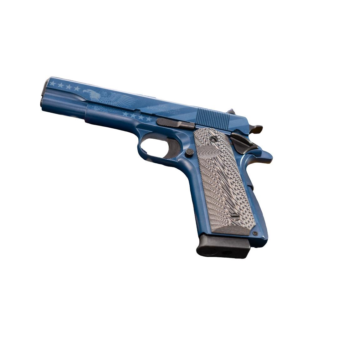 Chiappa 1911 250th Anniversary Handgun .45 Auto 8rd Magazine 5'' Barrel Blue Navy Cerekote G10 Grips Picture of Chiappa Firearms USA Ltd Chiappa 1911 250th Anniv 45ACP 5'' Blue Blk G10