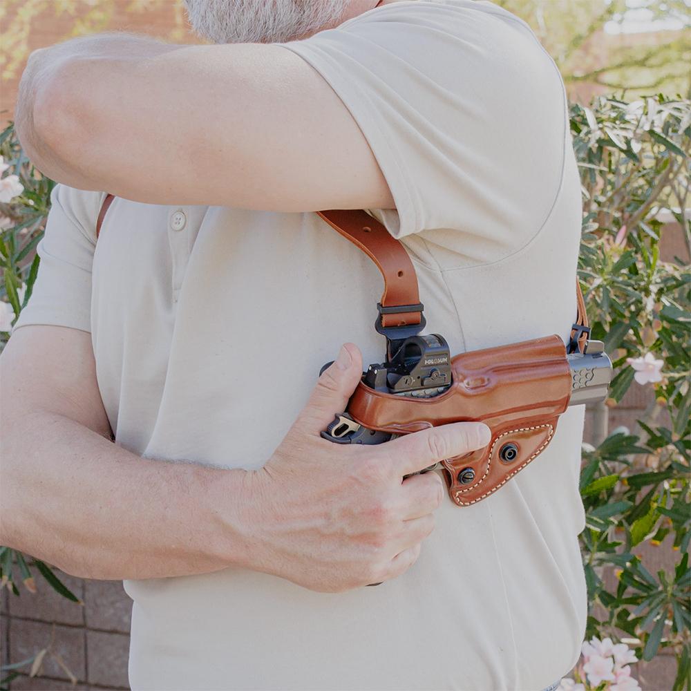 Galco Optic Solution Should Rig Holster Kimber 5" 1911 With or Without Red Dot Tan RH Picture of Galco International Ltd. OPTIC SOLUTION SHOULDER RIG 3IN -5IN 1911 w/wo red dot TAN RH