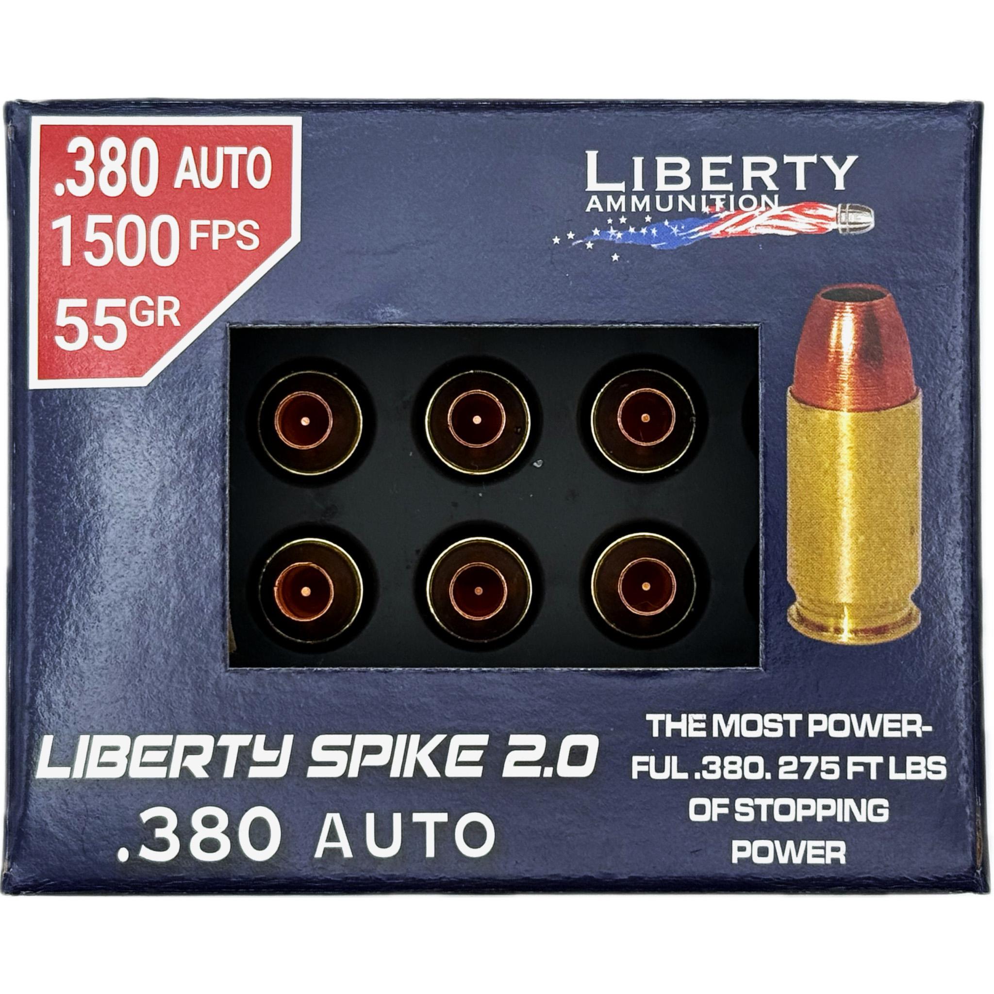 Liberty SPIKE 2.0 Handgun Ammunition .380 Auto 55gr 1500 fps 20/ct Picture of Liberty Ammunition Liberty SPIKE 2.0 .380 ACP 55 gr 1500 FPS 275 FPE 20 Rounds