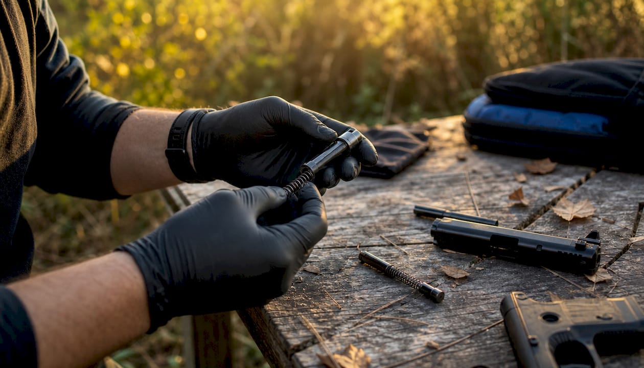 Hands carefully disassembling pistol components