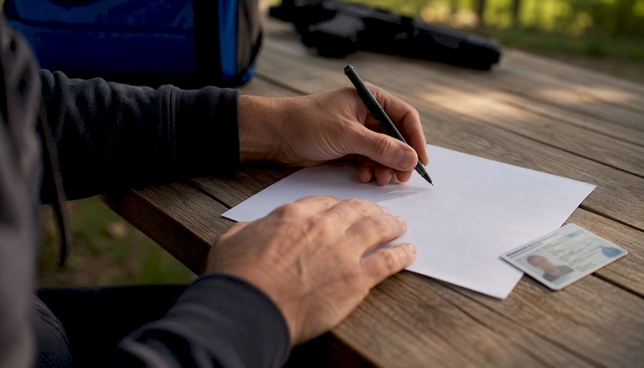 Hands completing ATF Form 4473 with ID