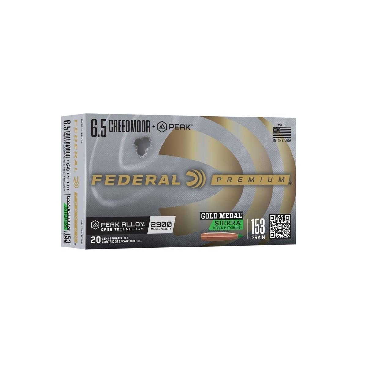 Federal Gold Medal Rifle Ammunition 6.5 Creedmoor +Peak 153gr Sierra TMK 2900 fps 20/ct