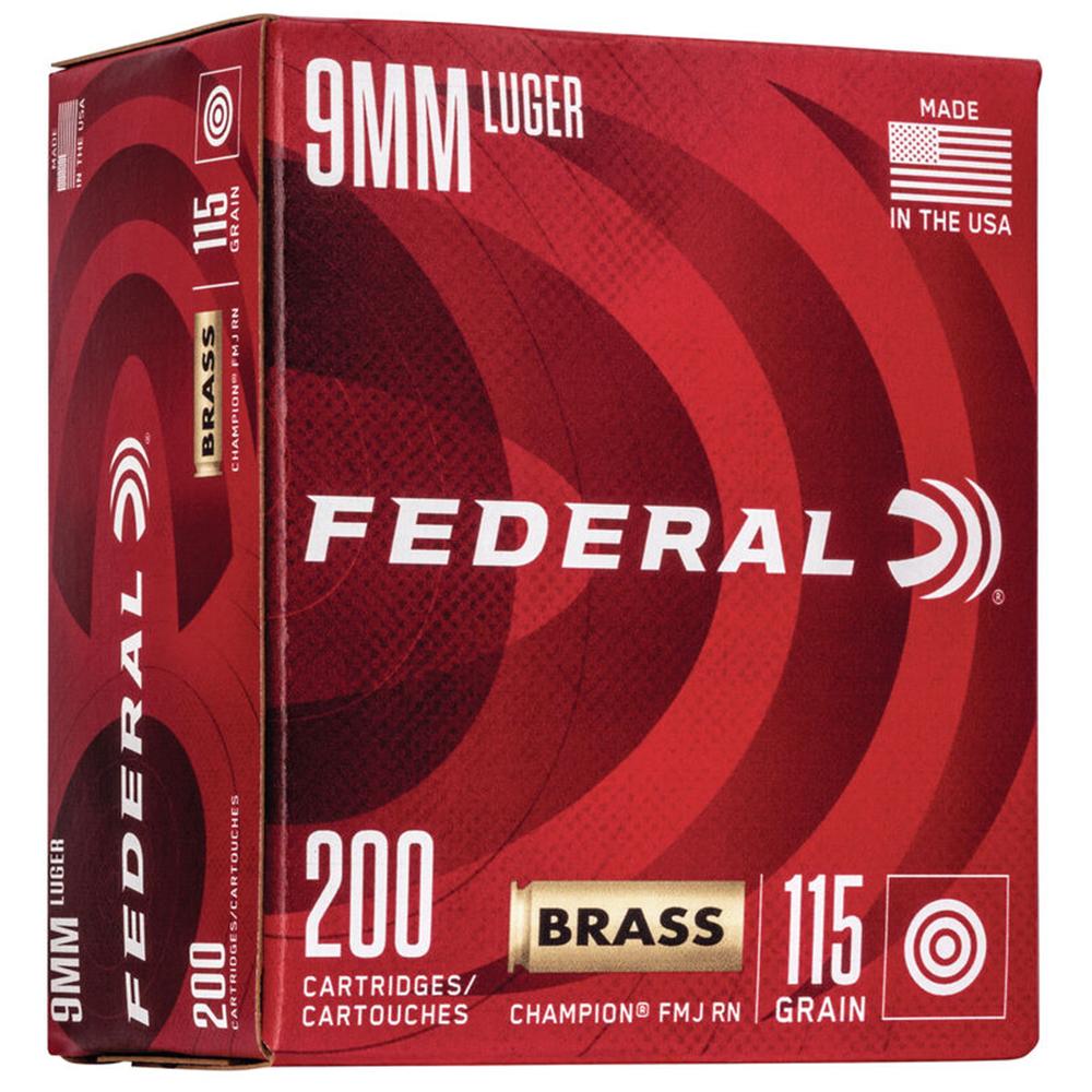 Federal Champion Handgun Ammunition 9mm Luger 115 gr FMJ 1125 fps 1000/ct Case(5-200/ct) Picture of Federal Cartridge Co. FEDERAL 9MM LUGER 115GR CHAMPION BRASS AMMO 1000RD CASE