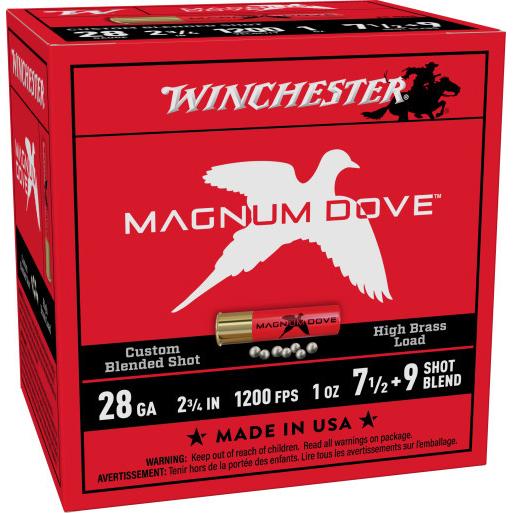 Winchester Magnum Dove Shotshell 28ga 2-3/4" 1oz 1200 fps #5&9 25/ct Picture of Winchester Ammunition WINCHESTER MAGNUM DOVE 28 GA 2-3/4'' #7.5&9 1 OZ 25/RDS