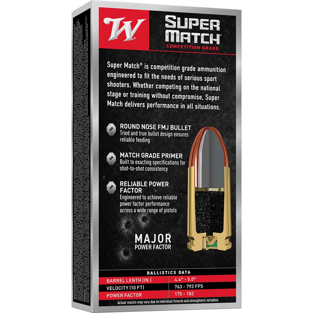 Winchester Super Match Handgun Ammunition 45 Auto 230gr FMJ 805 fps 50/ct Picture of Winchester Ammunition Winchester Super Match 45 AUTO 230GR FMJ-RN 50/RD