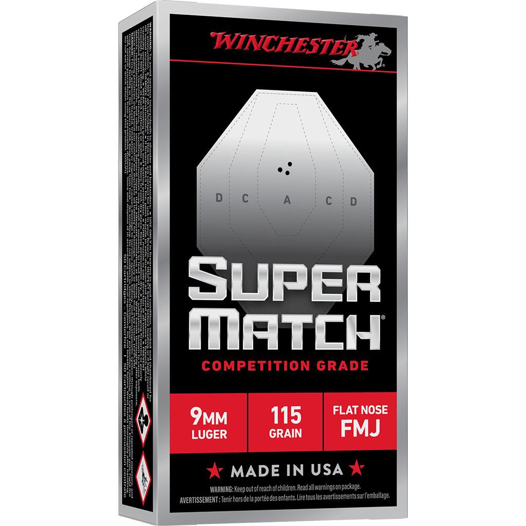 Winchester Super Match Flat Nose Handgun Ammunition 9mm Luger 115gr FMJ 1215fps 50/ct Picture of Winchester Ammunition Winchester Super Match 9MM LUGER 115GR FMJ-FN 50/RD