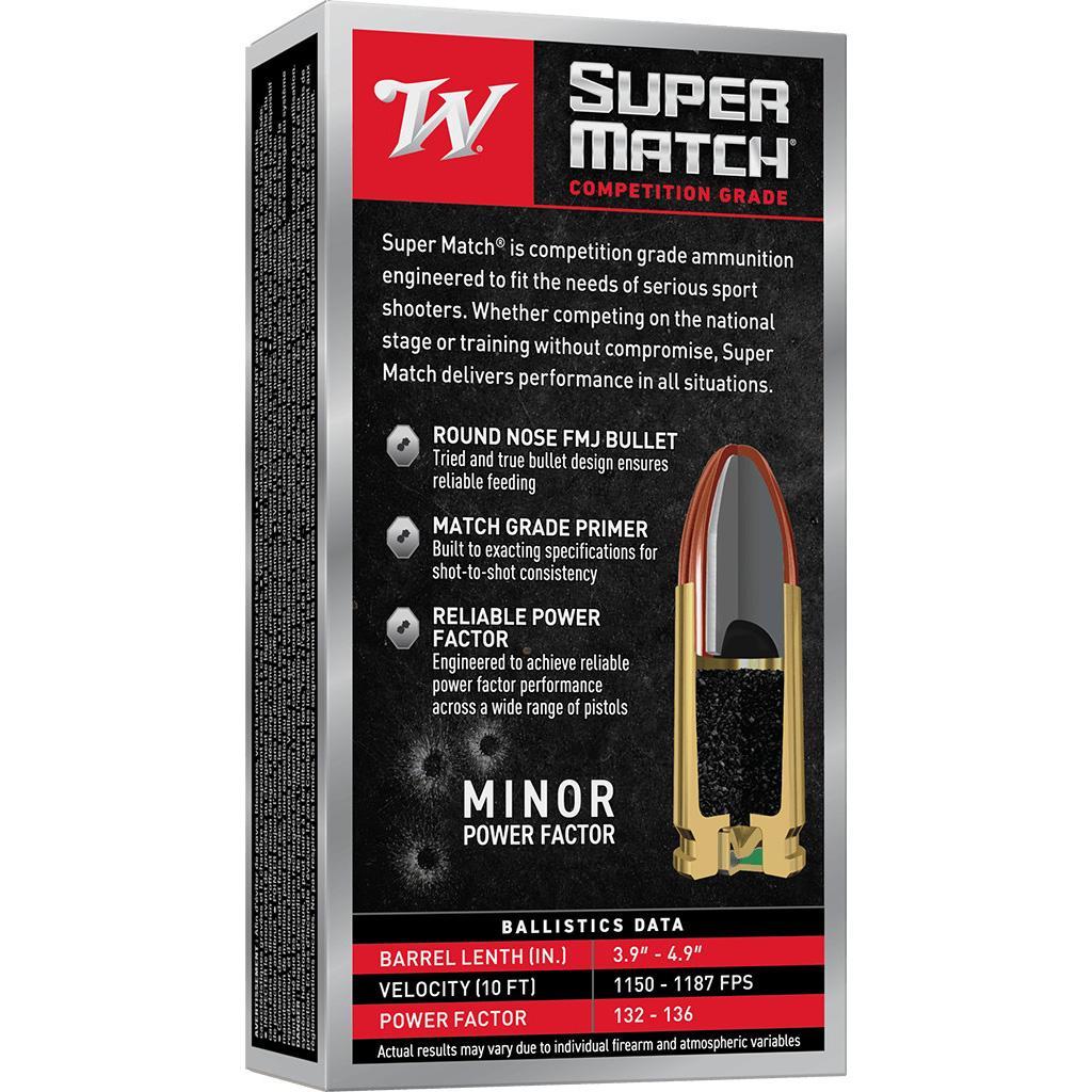Winchester Super Match Handgun Ammunition 9mm Luger 115gr FMJ 1215fps 50/ct Picture of Winchester Ammunition Winchester Super Match 9MM LUGER 115GR FMJ-RN 50/RD
