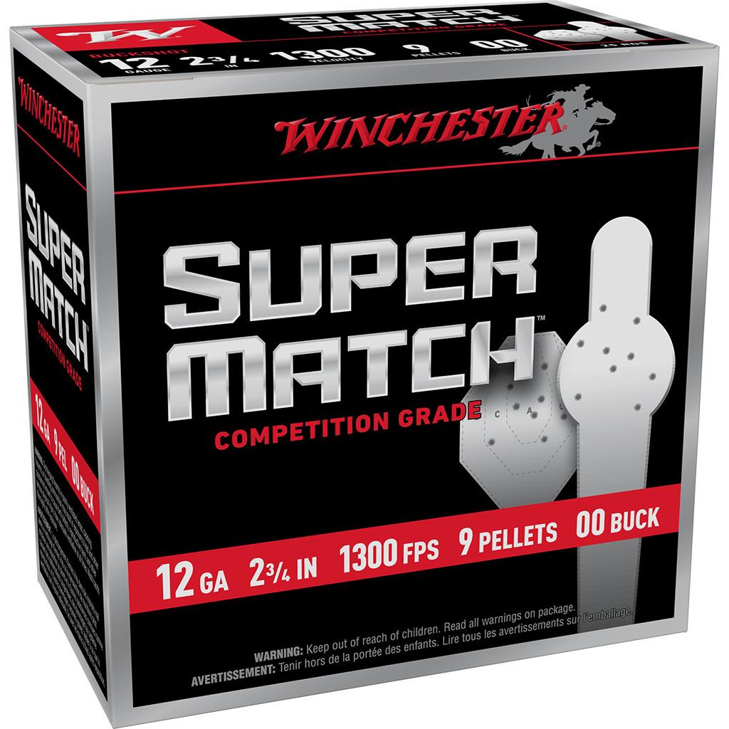 Winchester Super Match Shotshells 12ga 2-3/4" 9Plts 1300 fps #00 25ct Picture of Winchester Ammunition Winchester Super Match 12GA 2¾IN 1300FPS 9PEL 00BUCK 25/RD