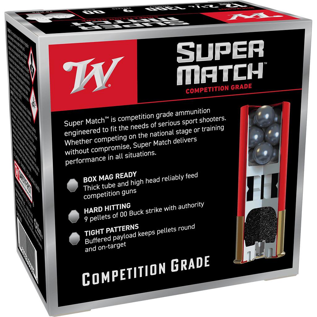 Winchester Super Match Shotshells 12ga 2-3/4" 9Plts 1300 fps #00 25ct Picture of Winchester Ammunition Winchester Super Match 12GA 2¾IN 1300FPS 9PEL 00BUCK 25/RD