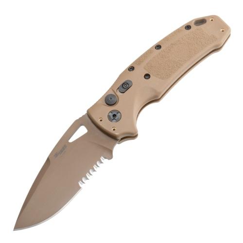 Hogue Sig K320A Tactical Automatic Folder Knife 3 1/2" Drop Point Blade Coyote Tan Partially Serrated Picture of Hogue Knife Hogue Sig Sauer K320A M17 Auto Drop Point Coyote Tan (3.5" Serr Coyote PVD)